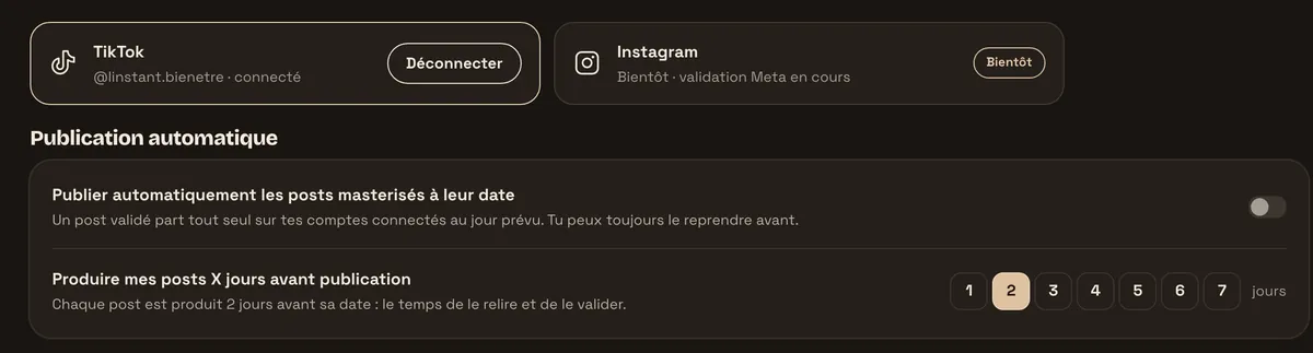 Réglages de production : publication automatique et nombre de jours avant publication